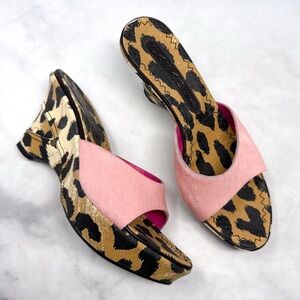 CASADEI Pink Calf Hair Leopard Print Denim Jean Mule Platform Wedge Sandals 6.5